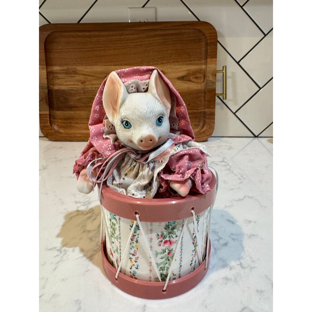 vintage Musical Piggy Doll in a Drum animated 80s 90s cottage farm coquette
